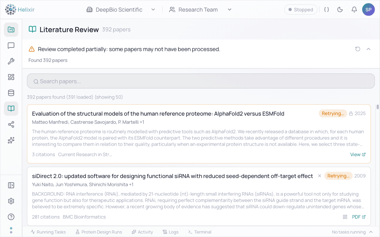 Helixir Literature search and review surface