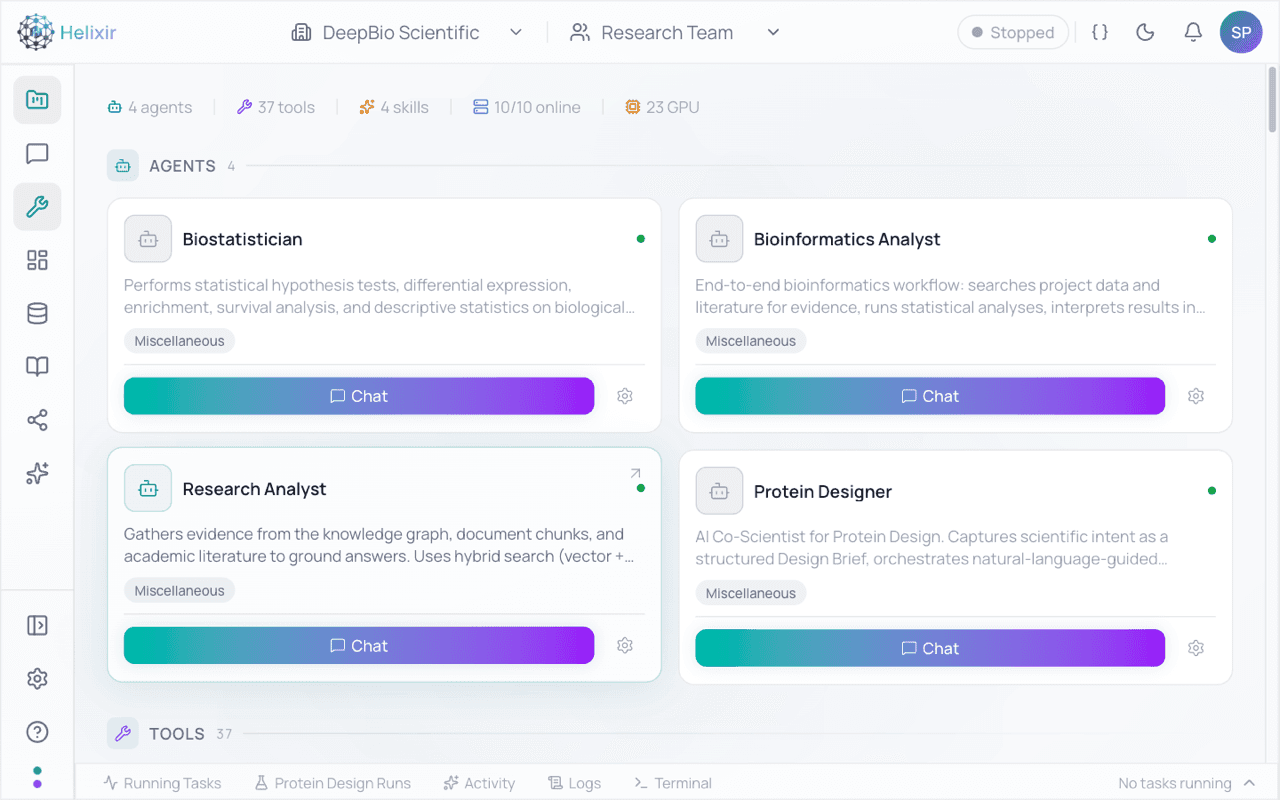 Helixir Tools page showing available scientific tools